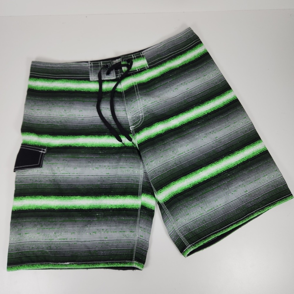 Distortion Mens 36 Board Shorts Black Green Striped Hook and Loop Fly Drawstring